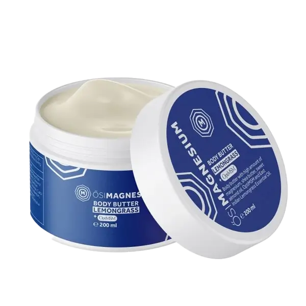 Magnesium Body Butter Lemongrass – 100% natuurlijk en vegan met Zechstein magnesium en OptiMSM voor droge huid en spierverzorging.