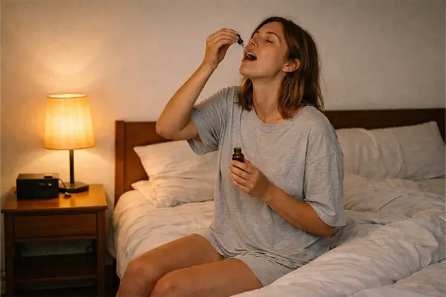 Vrouw die CBN olie druppels onder haar tong neemt voor het slapen gaan