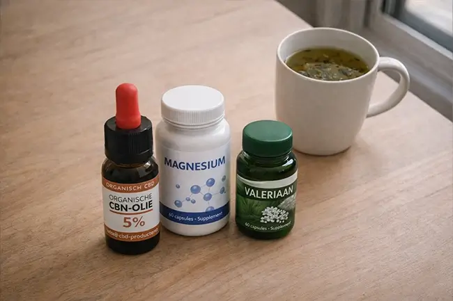 CBN olie flesje met druppelaar op een nachtkastje naast een bed