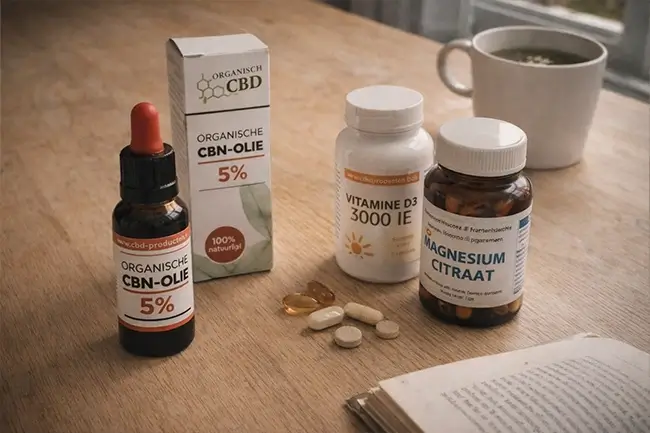 Verschillende supplementen voor nachtrust waaronder CBN olie op een houten tafel