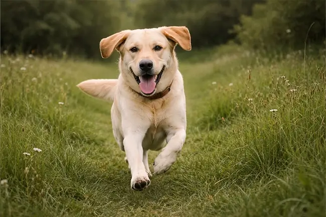 Gezonde hond met schone oren die buiten in de natuur speelt