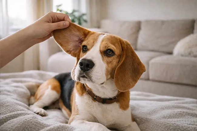 Hond met hangoren die oorverzorging krijgt van zijn baasj
