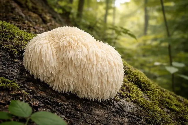 Lion's mane paddenstoel in de natuur, gebruikt voor hersengezondheid en geheugen