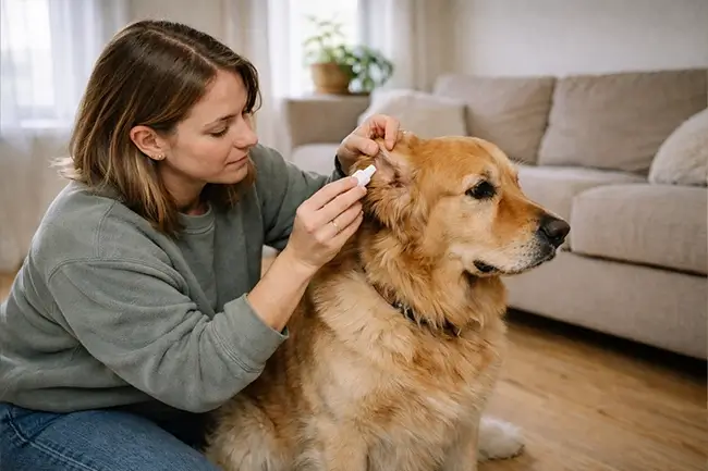 Eigenaar die oordruppels toedient bij een hond met hangoren