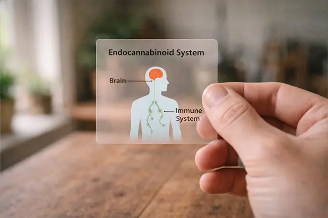 Het endocannabinoïde systeem met CB1 en CB2 receptoren en hoe cannabinoïden daarop inwerken