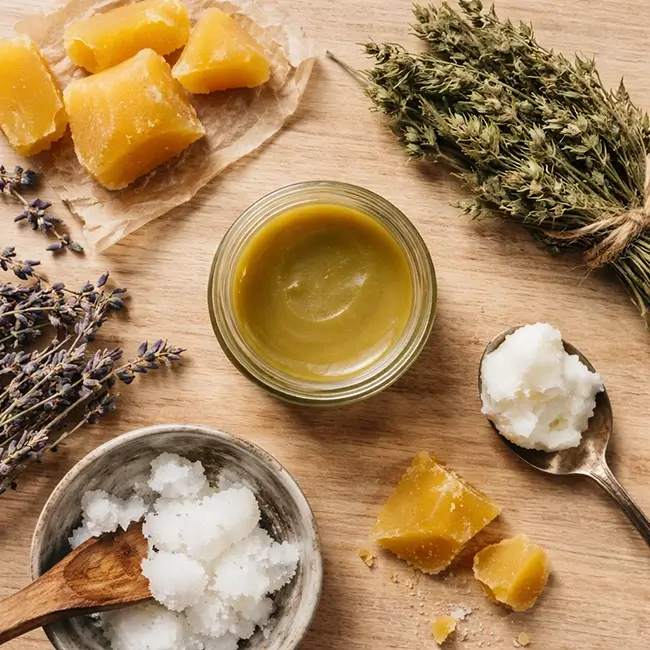 Natuurlijke ingrediënten voor CBD zalf tegen pijn waaronder hennep bijenwas en essentiële oliën