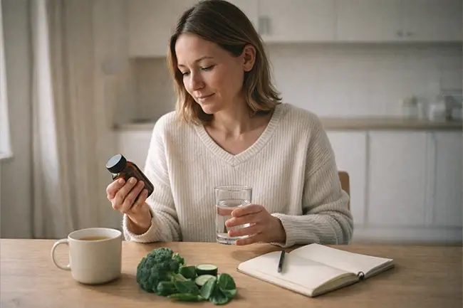 Vrouw bereidt haar ontgiftingskuur voor met kruidenthee, supplementen en een glas water op een tafel
