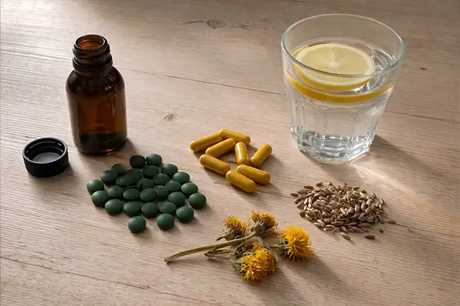 Detox kuur supplementen voor lever, nieren en huid op een houten tafel