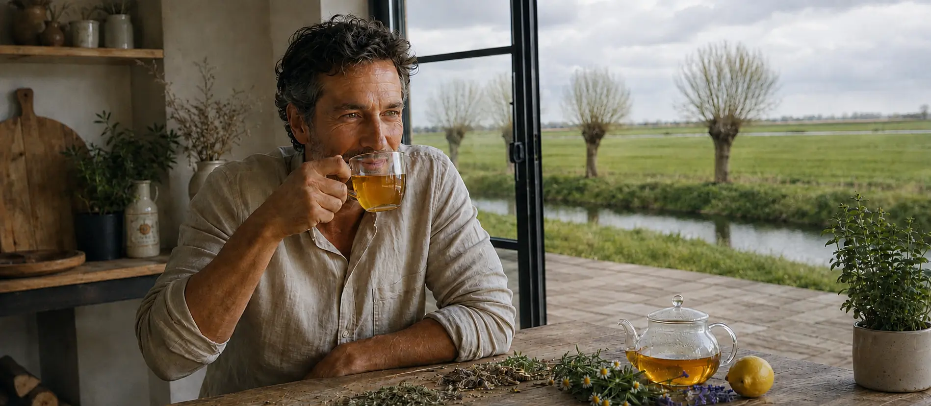 Man drinkt biologische kruidenthee met uitzicht over het Nederlandse polderlandschap