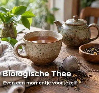 Biologische thee met theepot losse blaadjes en theezeef