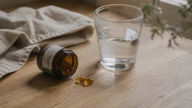 Capsule met glas water op houten tafel