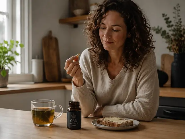 Vrouw neemt capsule in tijdens rustig ontbijt