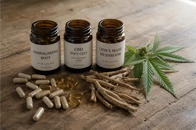 Capsules naast magnesium en ashwagandha supplementen