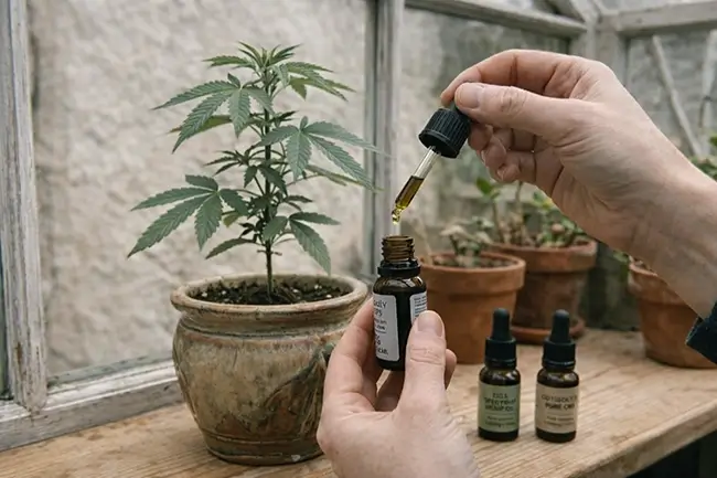 Meerdere CBD olie flesjes met verschillende percentages naast elkaar, 5 procent 10 procent en 20 procent