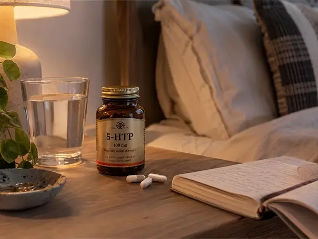 5 HTP supplement voor het slapen met capsules en glas water