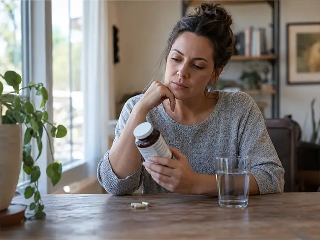 Vrouw controleert 5 HTP supplement voor veilig gebruik en bijwerkingen