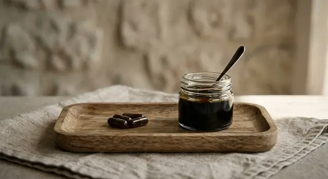 Shilajit capsules en hars naast elkaar, keuze tussen vormen