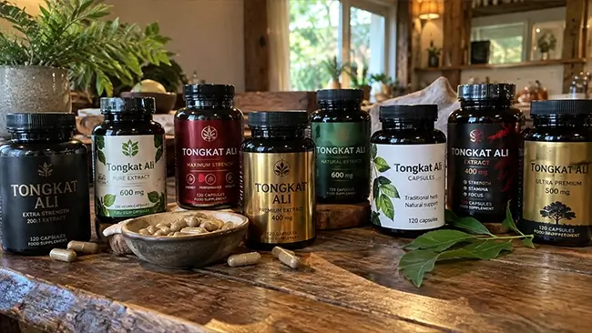 Tongkat Ali capsules in verschillende potjes op houten tafel