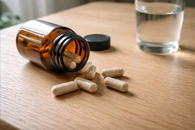 Lion's Mane supplement capsules op een houten tafel naast een glas water