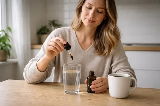 Persoon die 's ochtends een Lion's Mane tinctuur inneemt naast een kopje koffie
