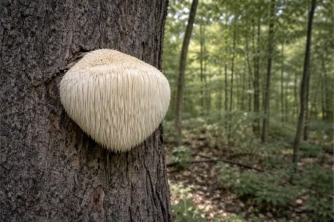 Hericium erinaceus groeiend op een boomstam in het bos