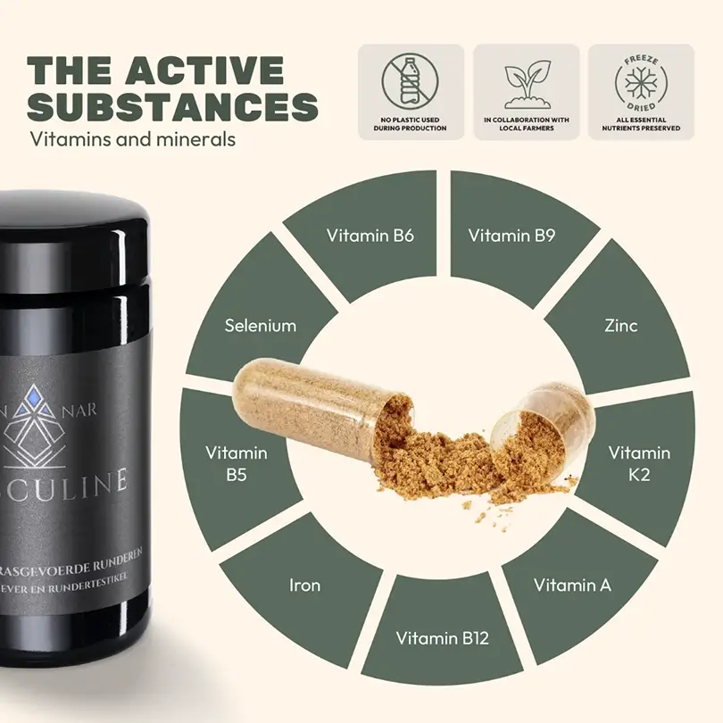 Hoogwaardig supplement met runderlever en testikels. Ondersteunt testosteronproductie, energie en spierherstel. 100% natuurlijk en puur.