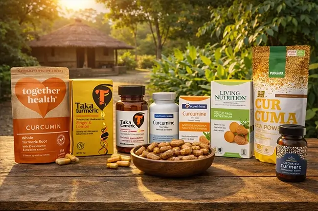 Assortiment kurkuma capsules, thee etc.