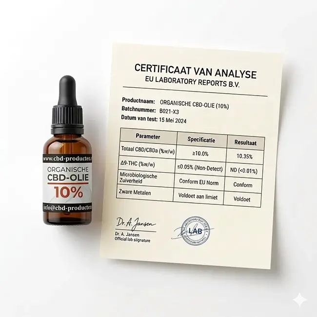 CBD olie flesje naast laboratoriumcertificaat op witte achtergrond