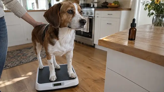 Hond op de weegschaal in de keuken