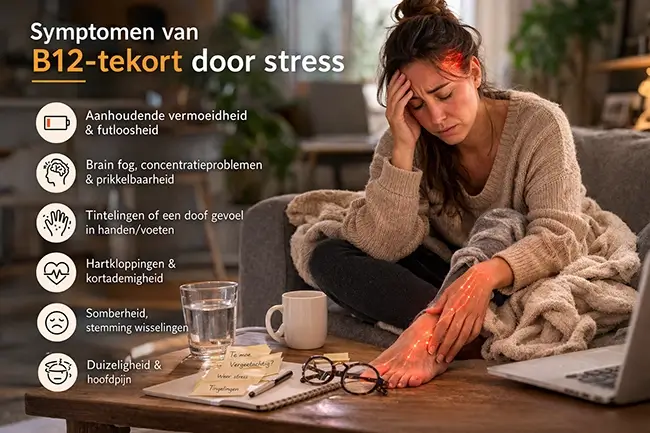 Symptomen van cobalaminetekort zoals vermoeidheid en tintelingen