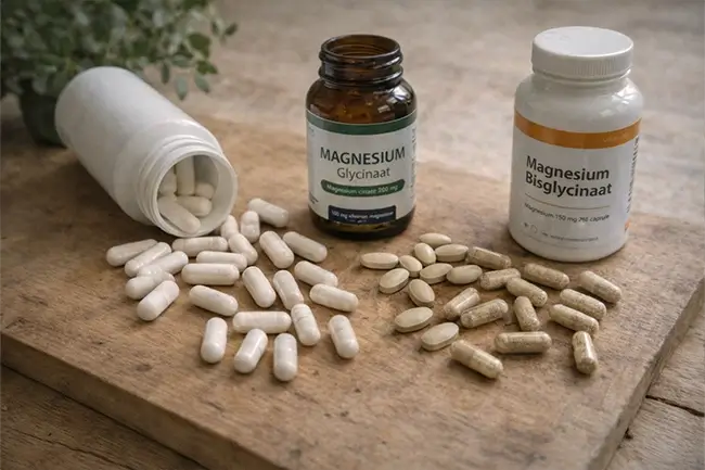 Verschillende vormen magnesium supplementen op een houten tafel