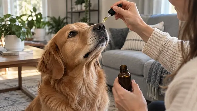 Hond naast pipet en flesje CBD olie