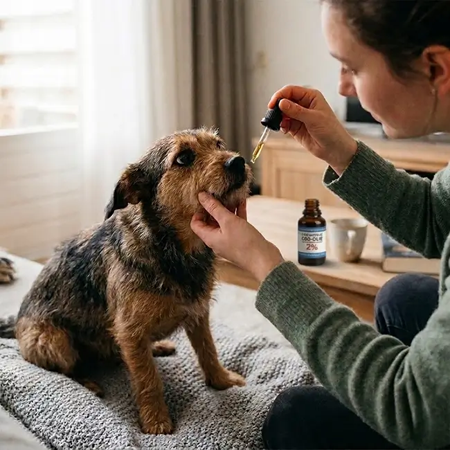 Angstige hond krijgt CBD olie als ondersteuning bij angst