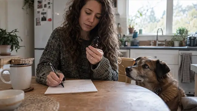 Baasje leest CBD etiket naast hond