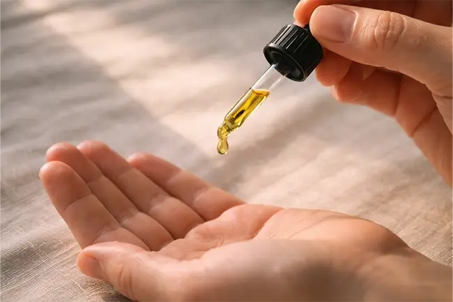 Vrouw druppelt cannabidiol olie op haar hand in een lichte keuken