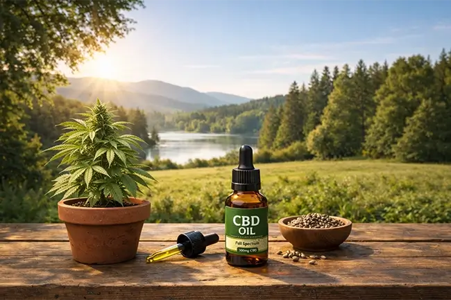 CBD olie druppelaar naast een verse hennepplant