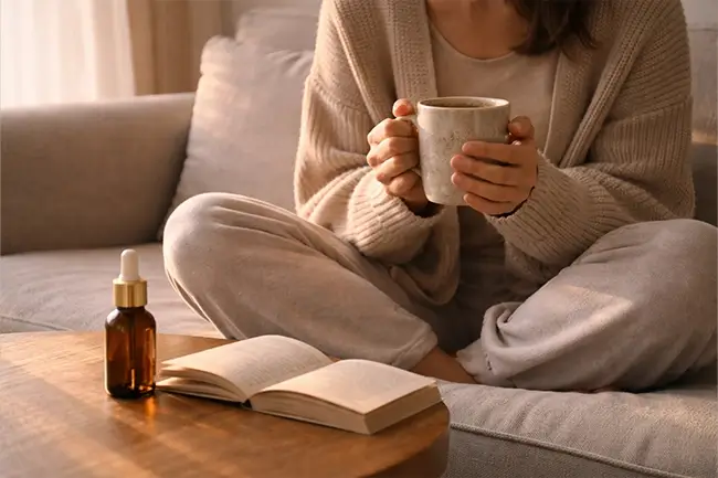 Flesje cannabidiol olie op een houten ondergrond met groene planten op de achtergrond