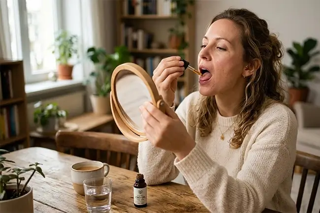 Persoon die CBD olie inneemt met een druppelaar onder de tong