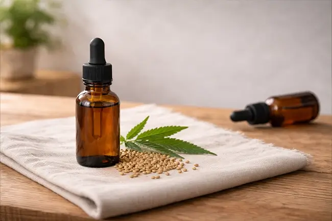CBD olie honden kopen bij CBD-Producten.nl, flesje op houten tafel