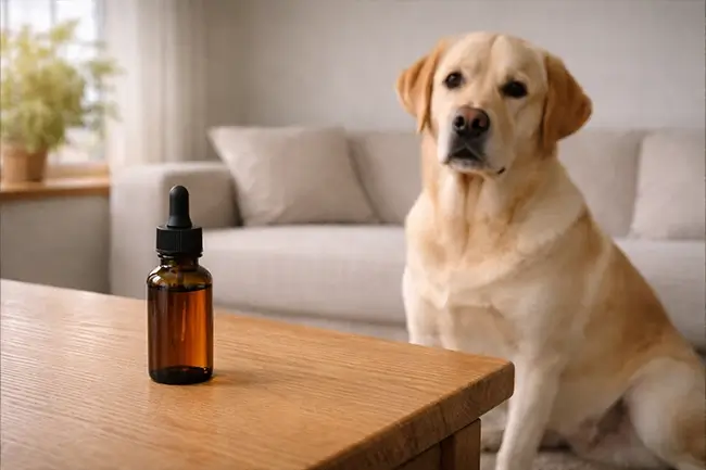 CBD olie voor honden - flesje CBD olie naast een labrador