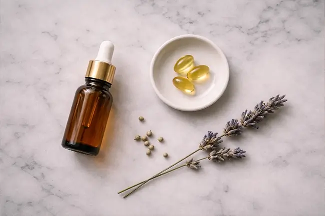 Assortiment van cannabidiol producten zoals olie capsules en zalf op een houten tafel