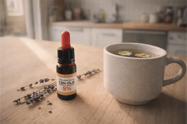 Flesje CBN olie met pipet op een houten tafel naast een kopje kruidenthee