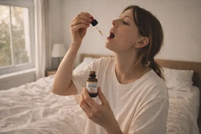 Vrouw die CBN olie druppelt voor het slapen gaan in een rustige slaapkamer