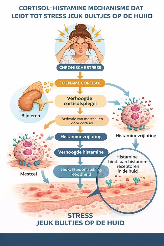 Biologisch schema van het cortisol-histamine mechanisme en hoe dit jeuk en bultjes op de huid veroorzaakt