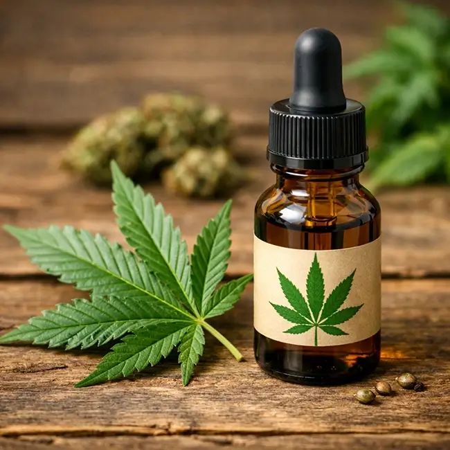 druppelflesje cannabis olie naast een cannabisblad op een houten ondergrond