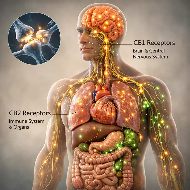 Illustratie van het endocannabinoïde systeem in het menselijk lichaam