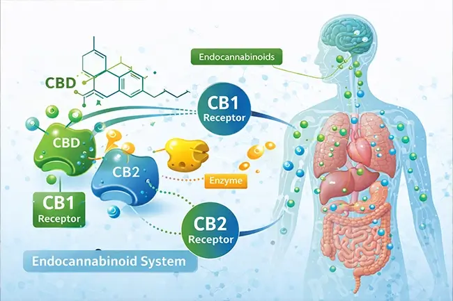 Illustratie van het endocannabinoïde systeem met CB1- en CB2-receptoren