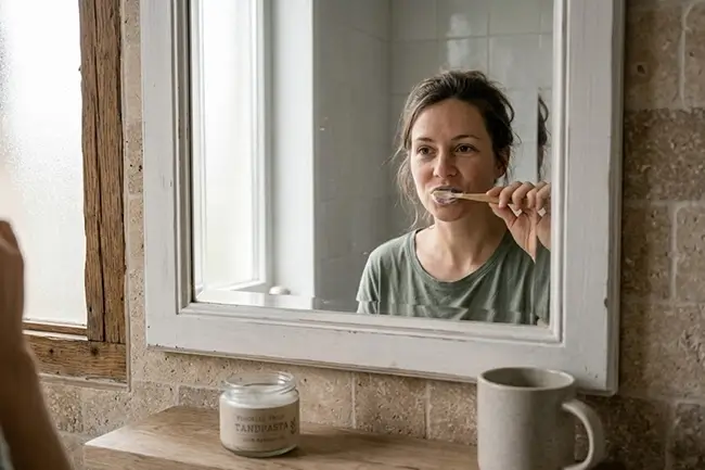 vrouw die haar tanden poetst met fluoride vrije tandpasta bij de badkamerspiegel