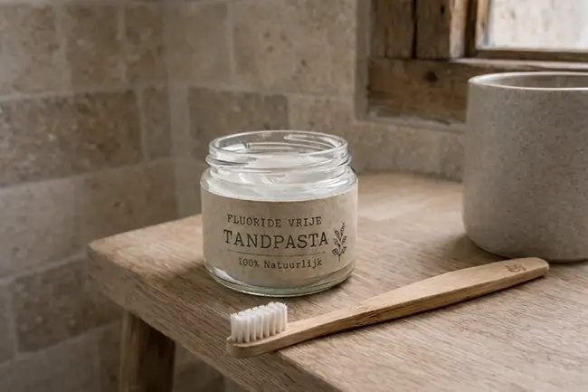 fluoride vrije tandpasta op een houten badkamertafel met bamboe tandenborstel