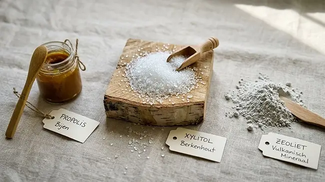 overzicht van ingrediënten in fluoride vrije tandpasta zoals xylitol, propolis en zeoliet